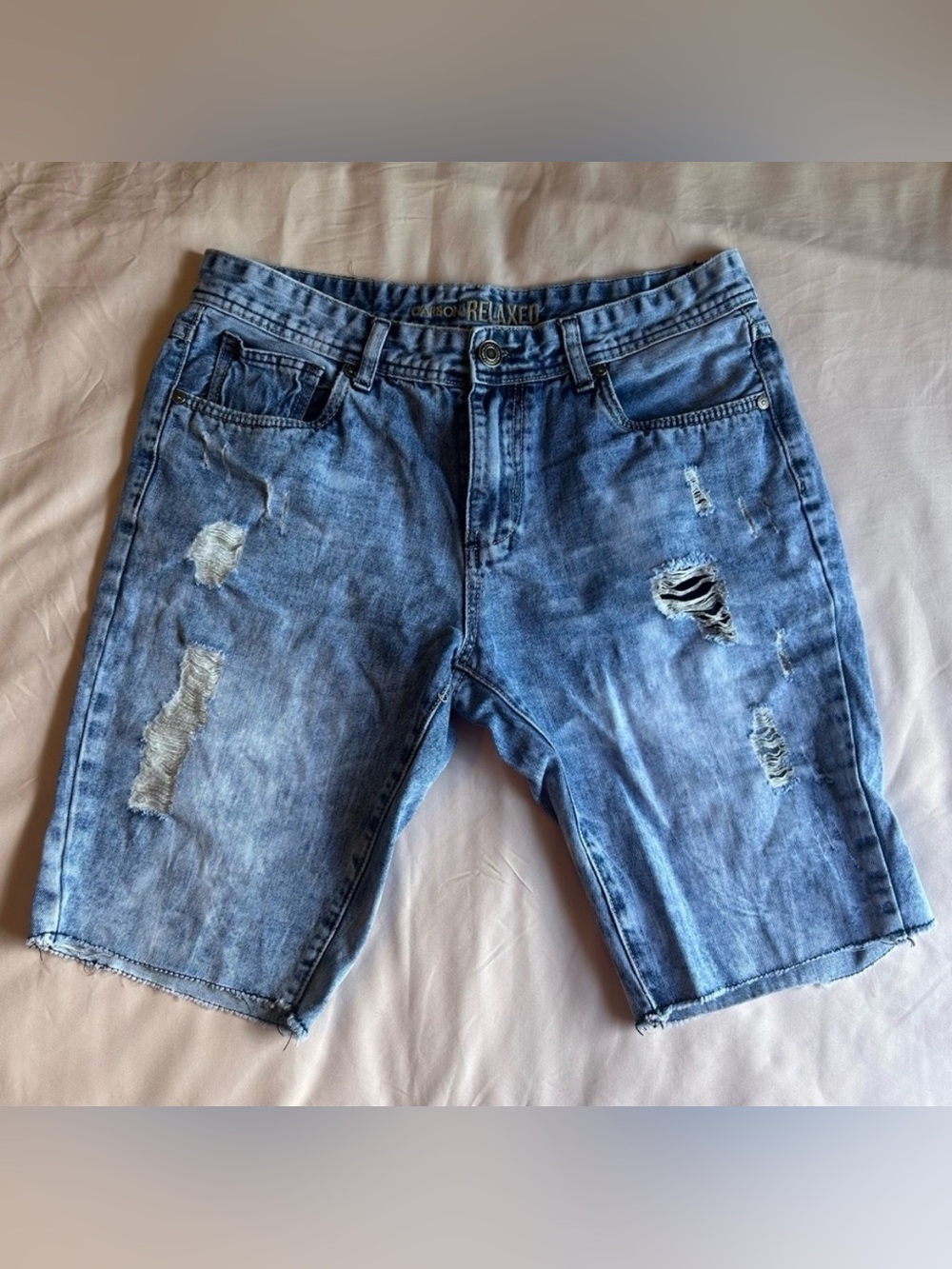 Carson Relaxed Distressed Acid Wash Denim Shorts - Size 32